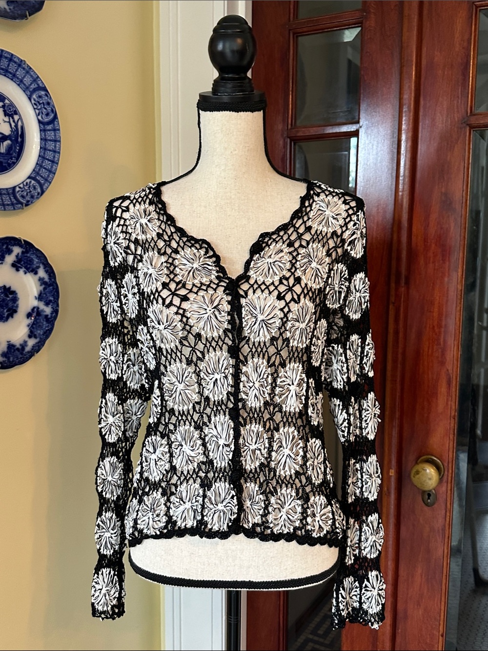Valenti | Black & White Floral Crochet Knit Cardigan Sweater, Size S